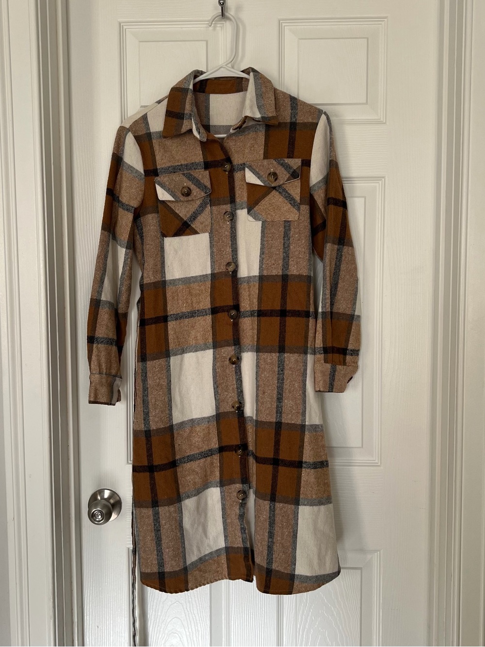 SHEIN Brown and Cream Plaid Button-Front Long Sleeve Shirt Dress